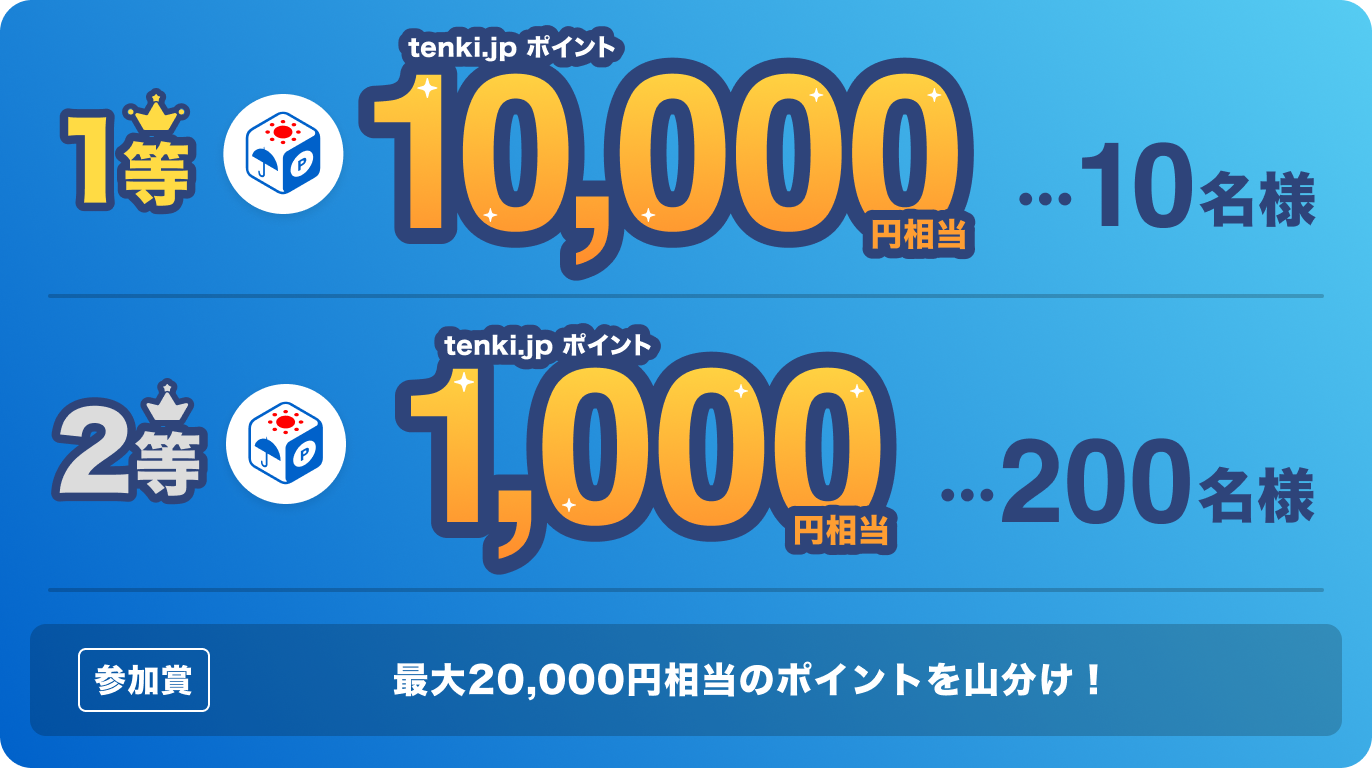 1等10,000円相当。10名様。2等1,000円相当。200名様。参加賞 200,000円相当のポイントをキャンペーン参加者全員で山分け